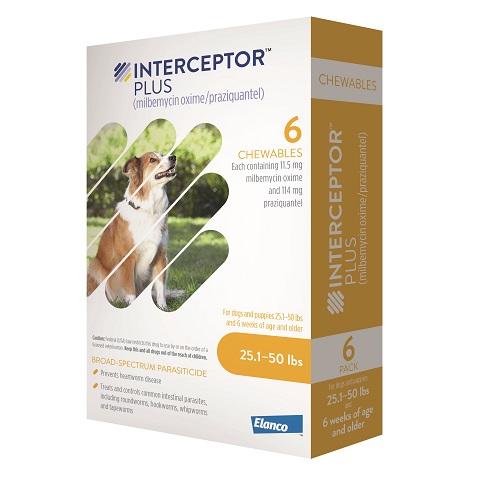 RX - Interceptor Plus for Dogs, 25.1-50 lbs, 6 Doses